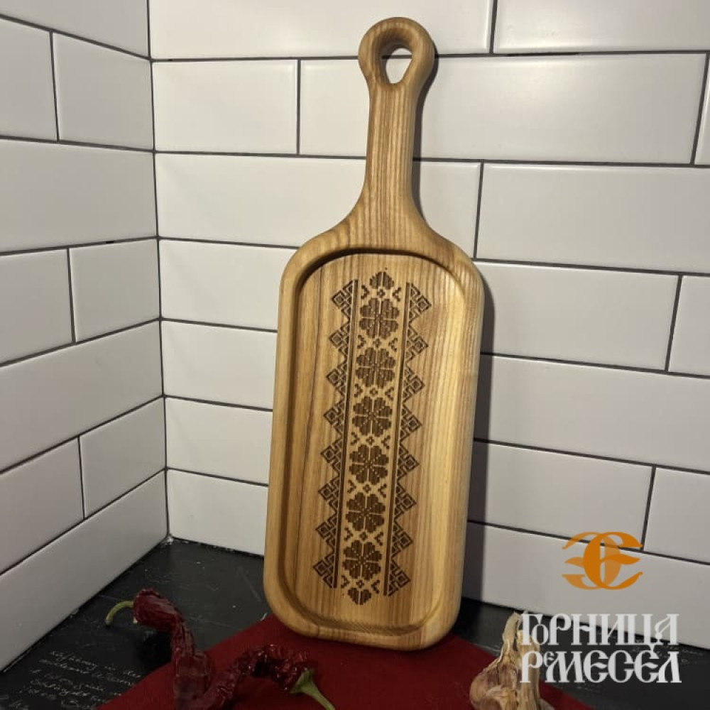 Деревянная тарелка с ручкой "Белорусский орнамент", ш.14 фото-4