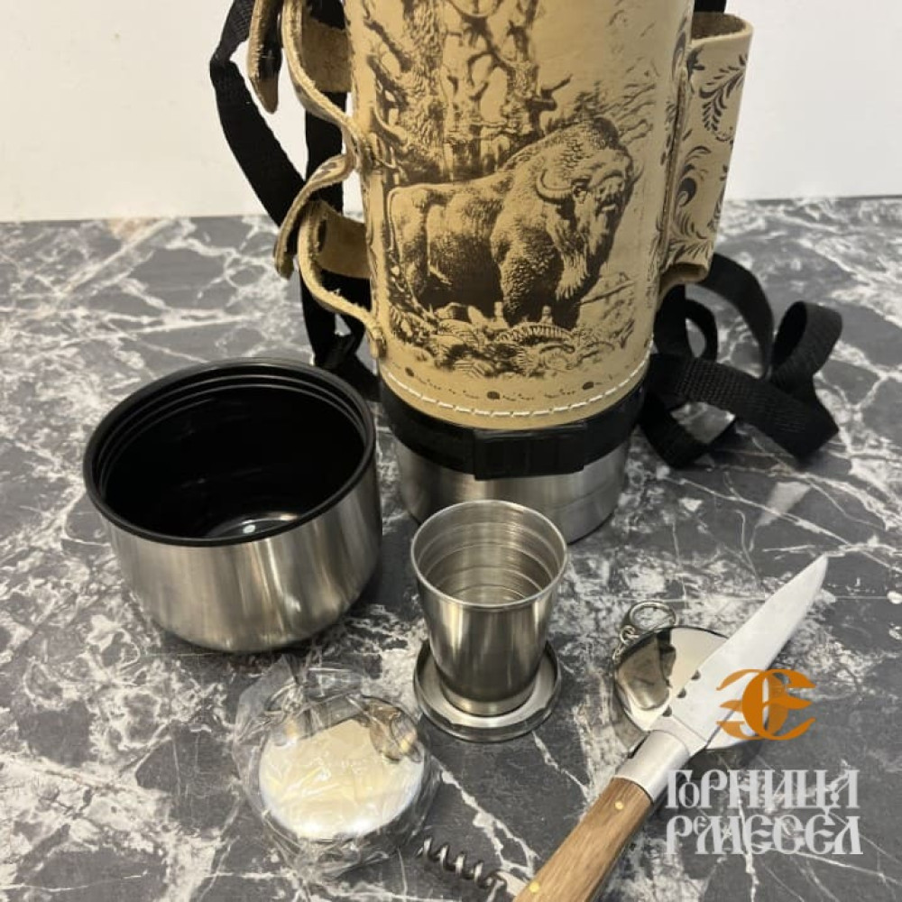 Термос 1,2л + 2скл.стаканчика +  нож (белая кожа) фото-3