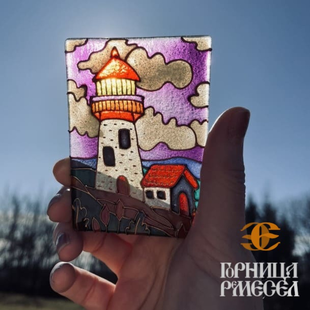  Ловец солнца "Маяк",  роспись по стеклу на деревянной подставке фото-3
