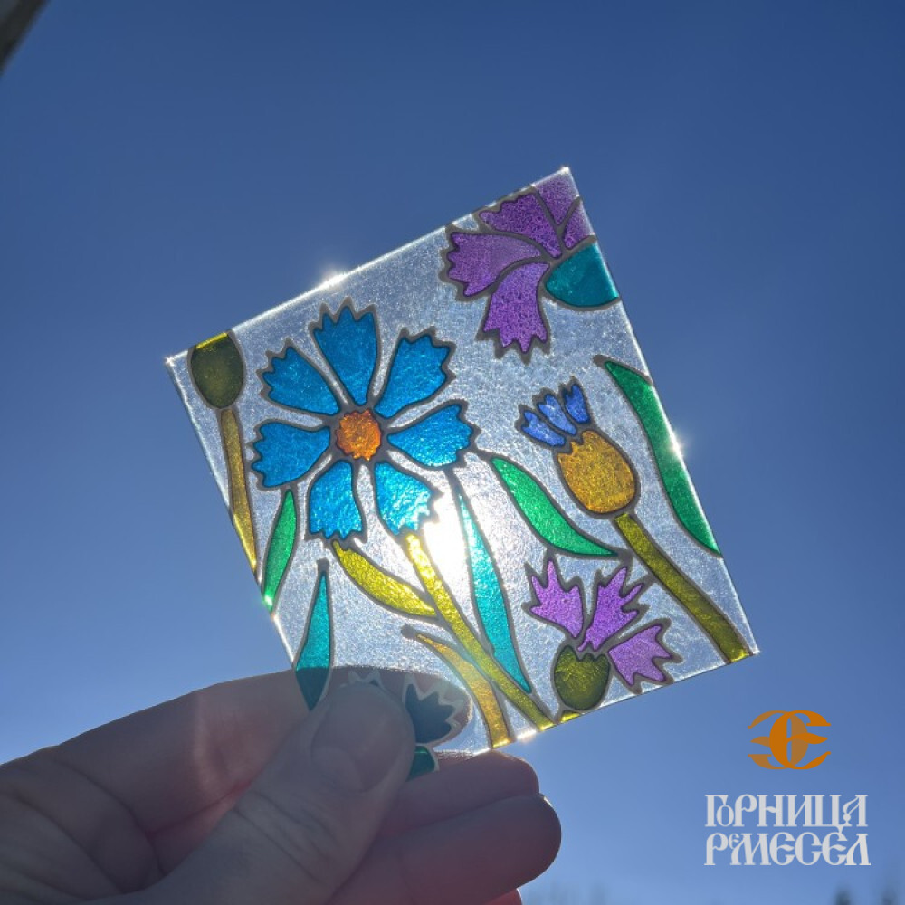  Ловец солнца "Василёк",  роспись по стеклу на деревянной подставке - фото1