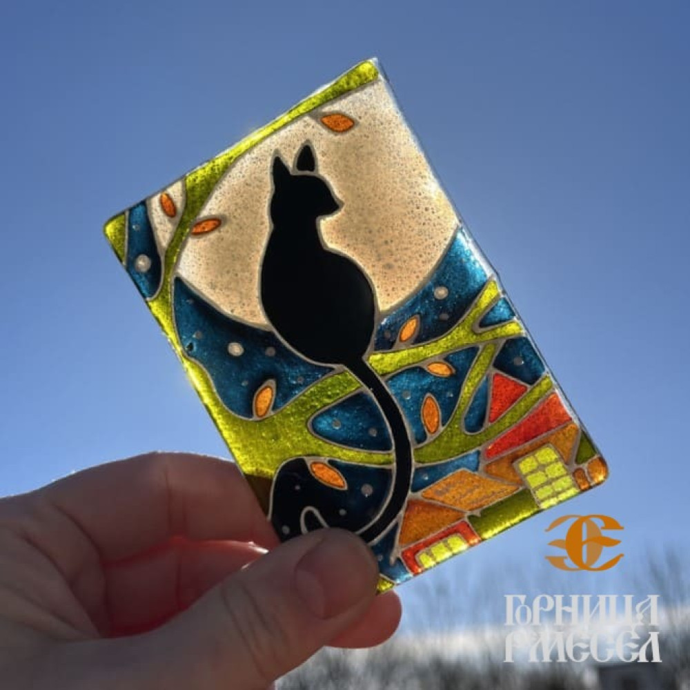  Ловец солнца "Кот",  роспись по стеклу на деревянной подставке