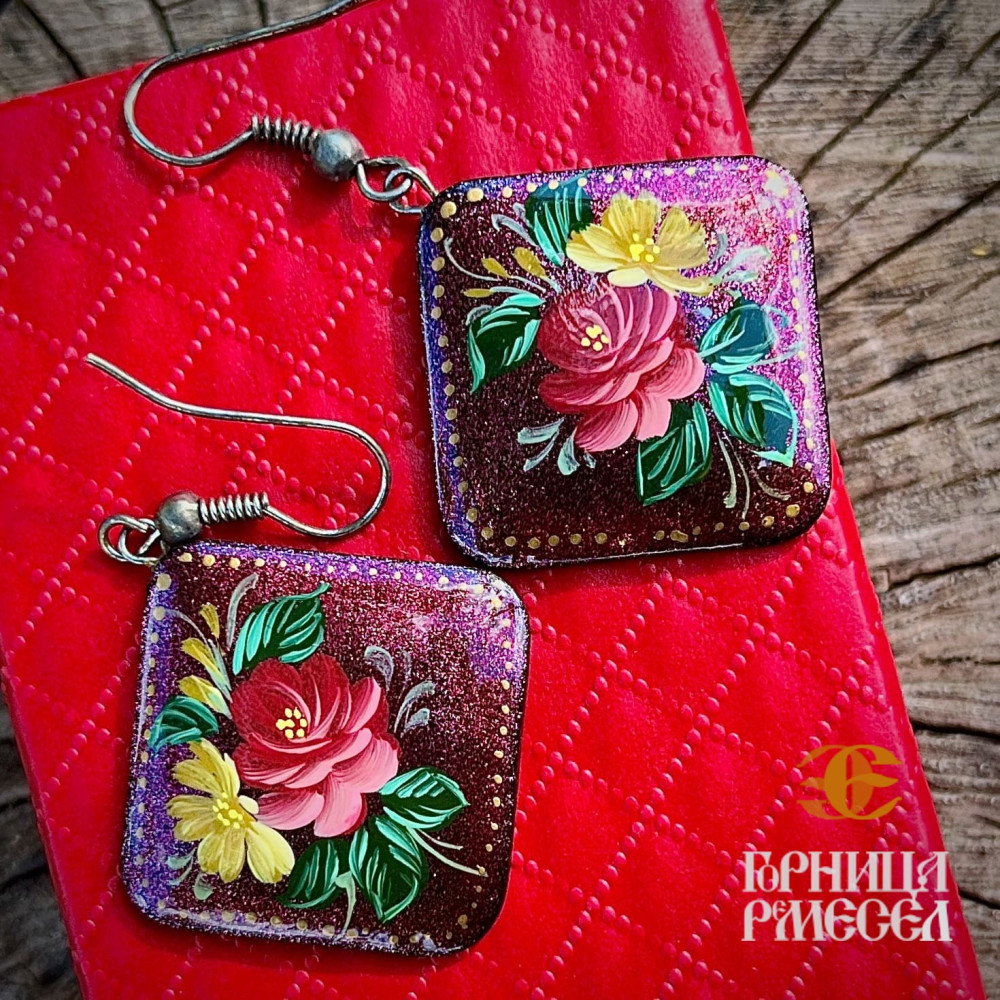 Сережки деревянные с росписью в ассорт. (нат.дерево, ручная роспись) - фото2
