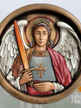 Икона Архангела Михаила: круглая, резьба, роспись, патирование, Беларусь.