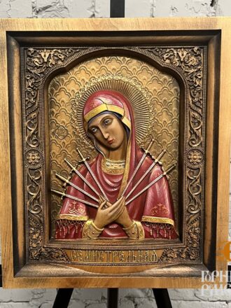 Икона Божьей Матери «Семистрельная» с изображением семи стрел, резьба, РБ