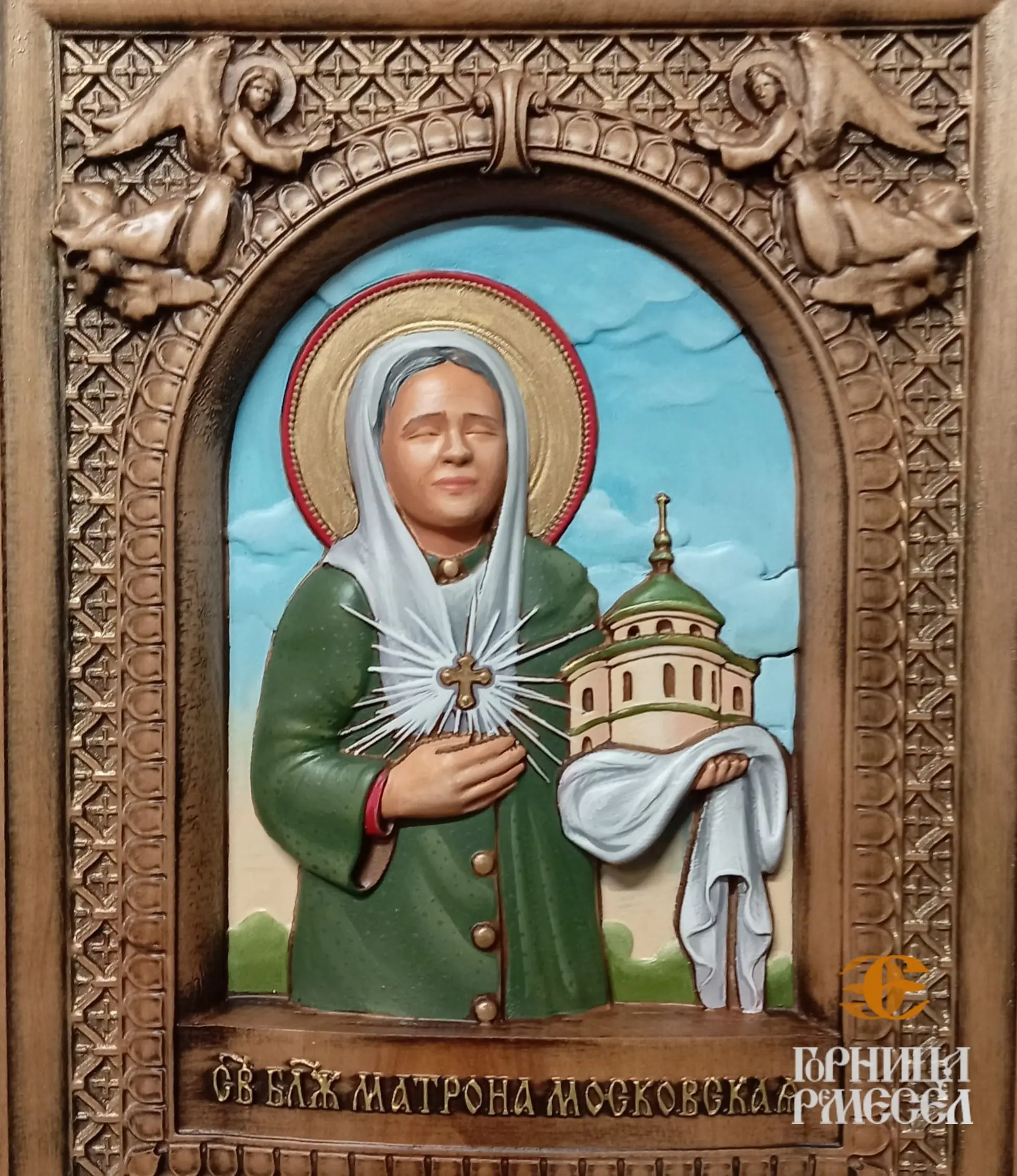 Резная деревянная икона со святой Матроной Московской, православное религиозное изделие, уникальный подарок.